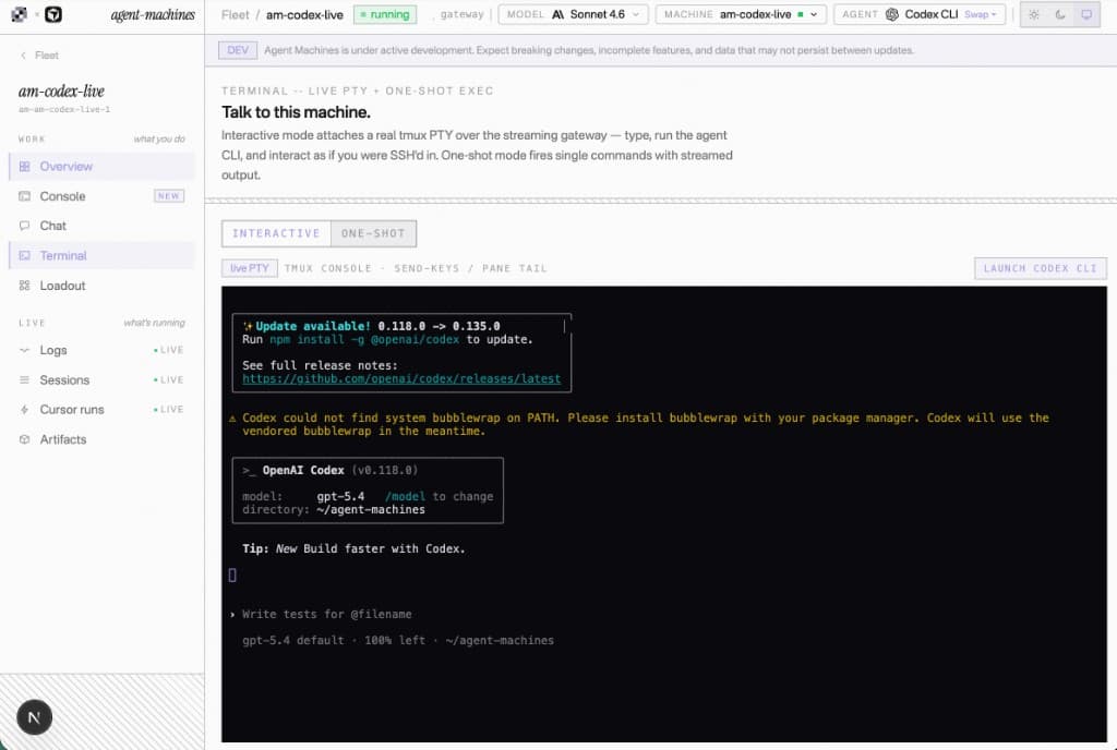 Codex CLI running in the Agent Machines browser console