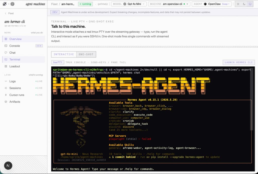 Hermes Agent running in the Agent Machines browser console