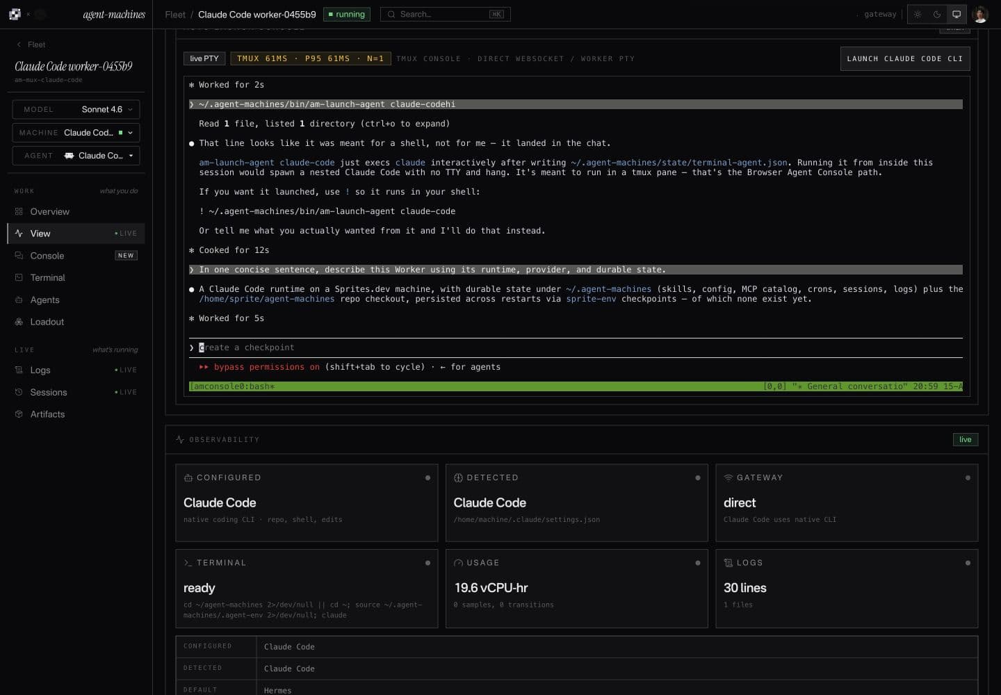 Claude Code answering a question inside an Agent Machines Worker console on Sprites