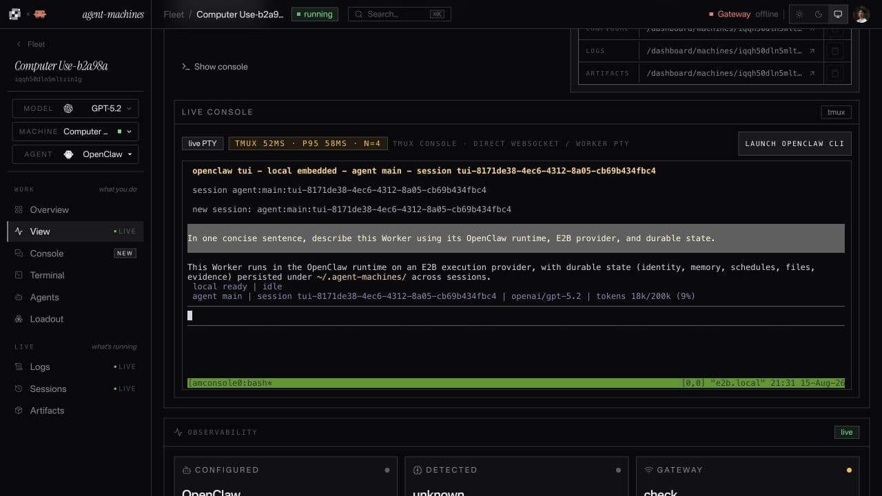 OpenClaw answering a question about its runtime and persistent state inside an E2B Worker