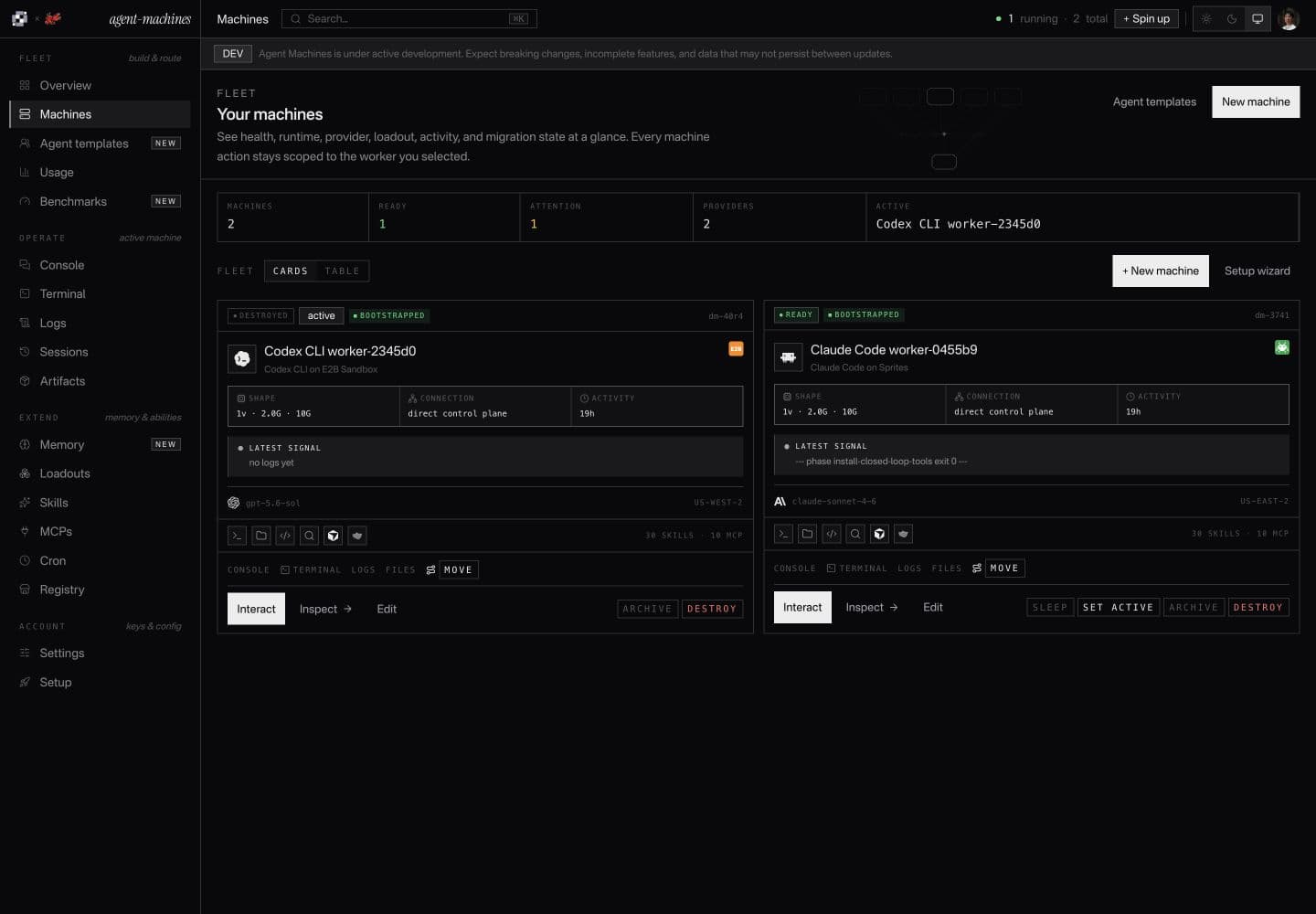 Agent Machines fleet showing Codex and Claude Code Workers and their machine controls